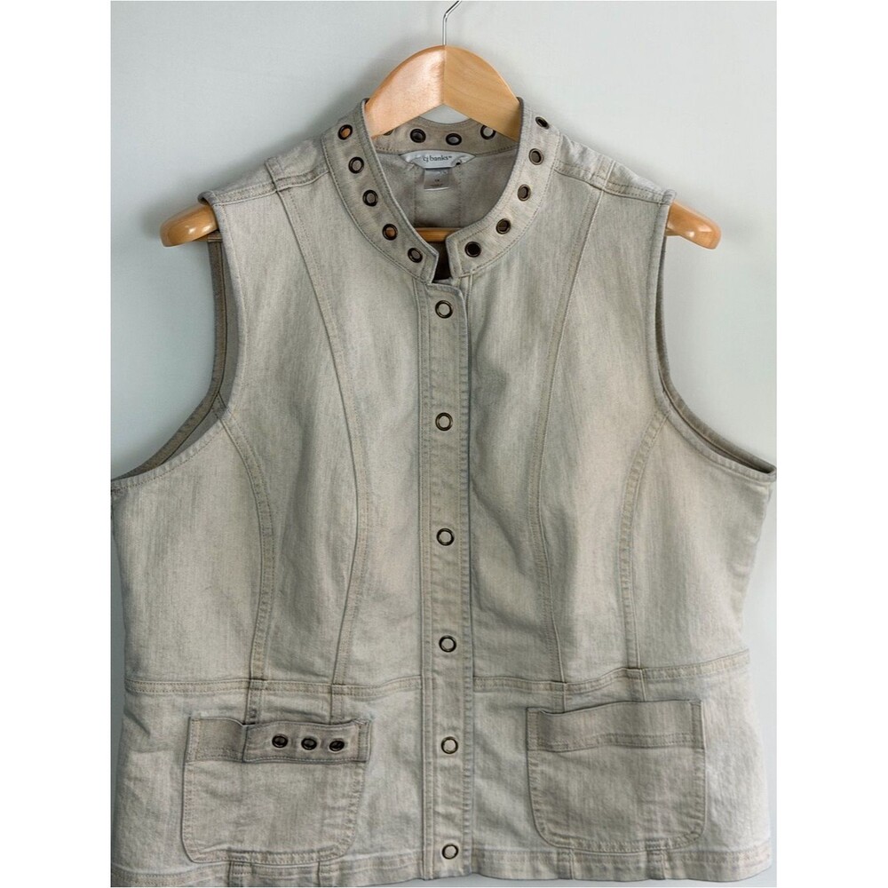 CJ Banks Plus Size 1X Light Wash Denim Vest Brass Grommet Snap Front